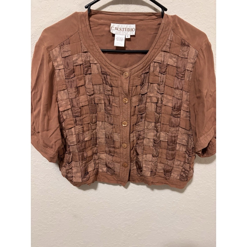 Y2K Whimsigoth Smocked Texture Button Crop Top Rust Brown Basketweave Shirt SZ L - Picture 11 of 14